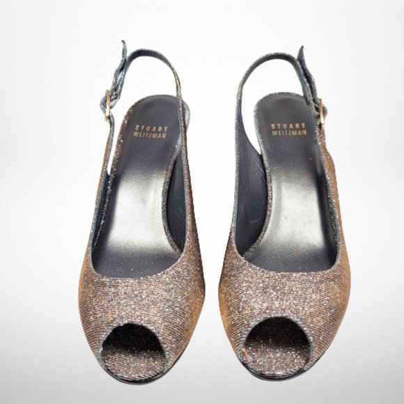STUART WEITZMAN Slinky Glitter Peep-Toe Slingback, Pyrite Nocturn - Size:8 - Picture 3 of 16